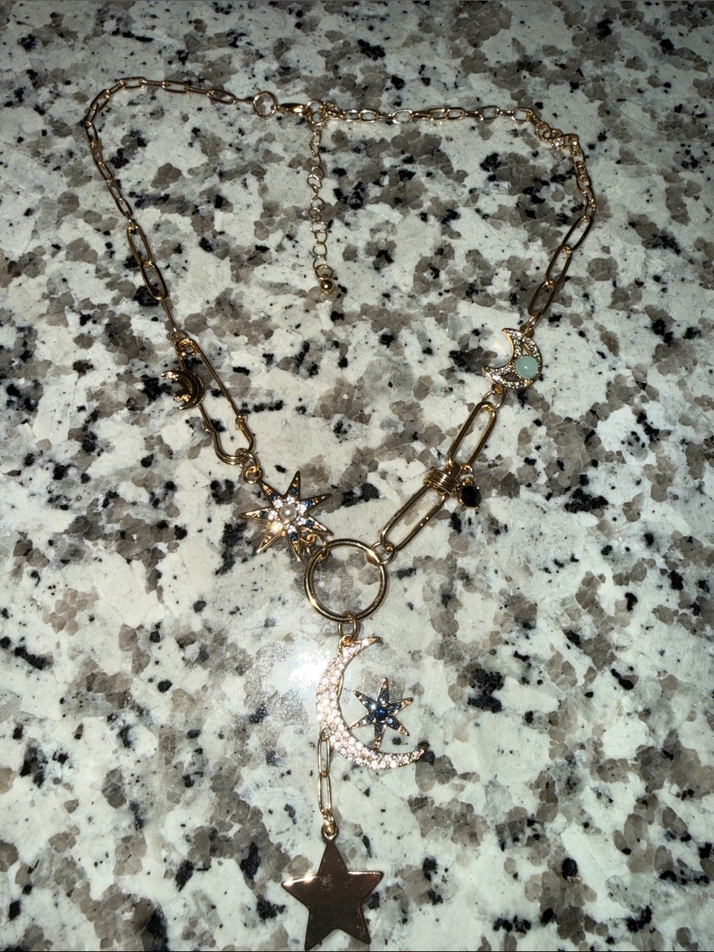 Gold-Tone Celestial Pendant Necklace with Red Star Accent